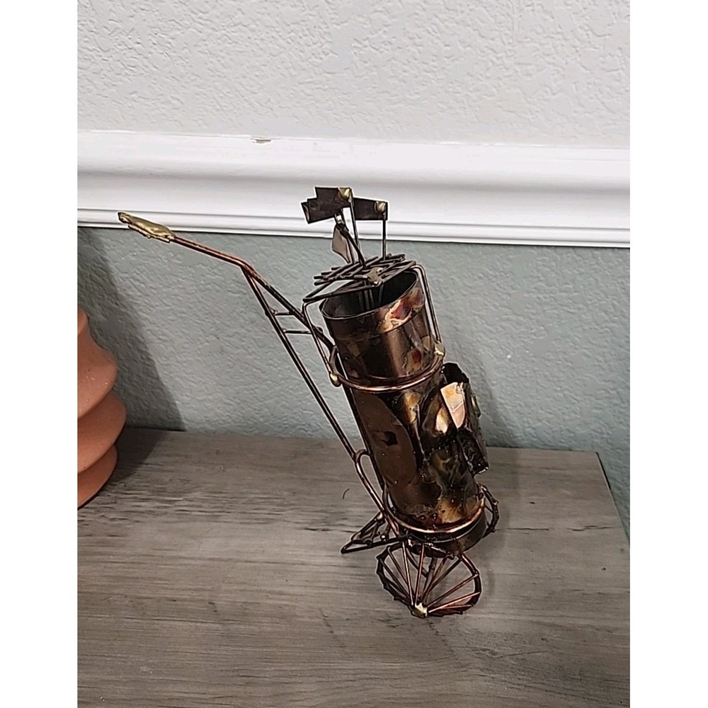 Vtg 1975 Enesco Brutalist Metal Art Sculpture Golf Clubs Golfing Man Cave Sports